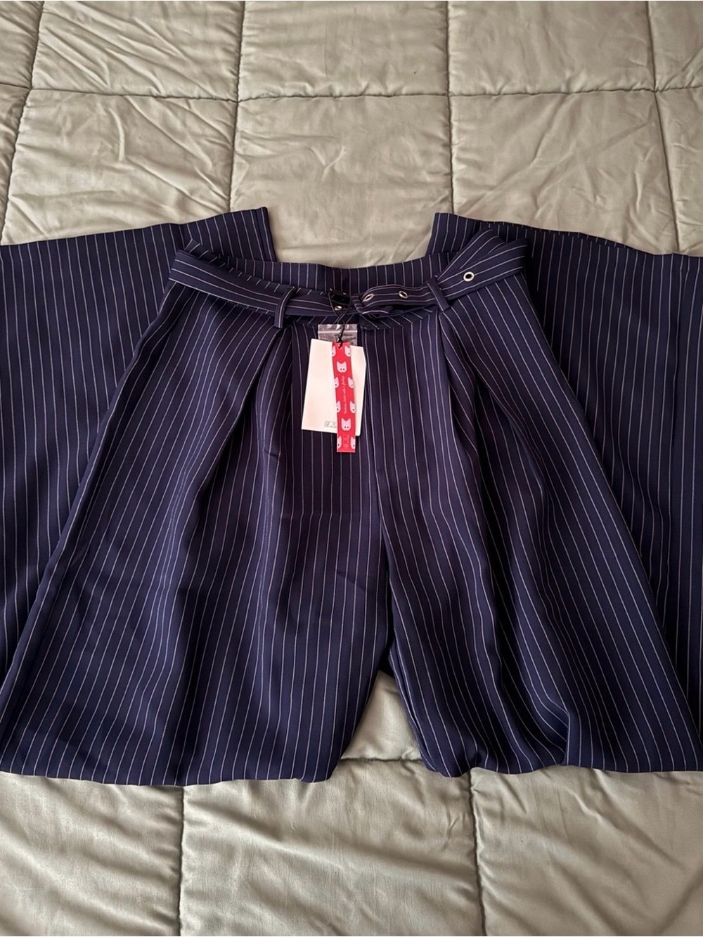 Cider Navy Pinstripe Wide-Leg Trousers with Belt